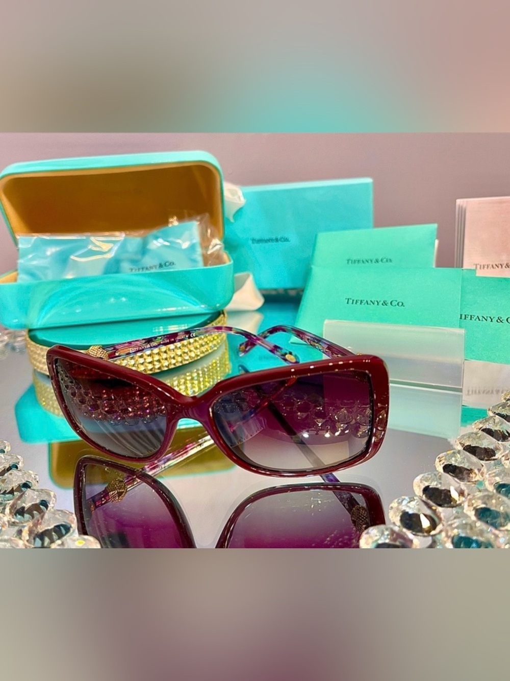 Tiffany & Co. New Sunglasses Gradient Dark Cherry Plum/Twisted Gold knots